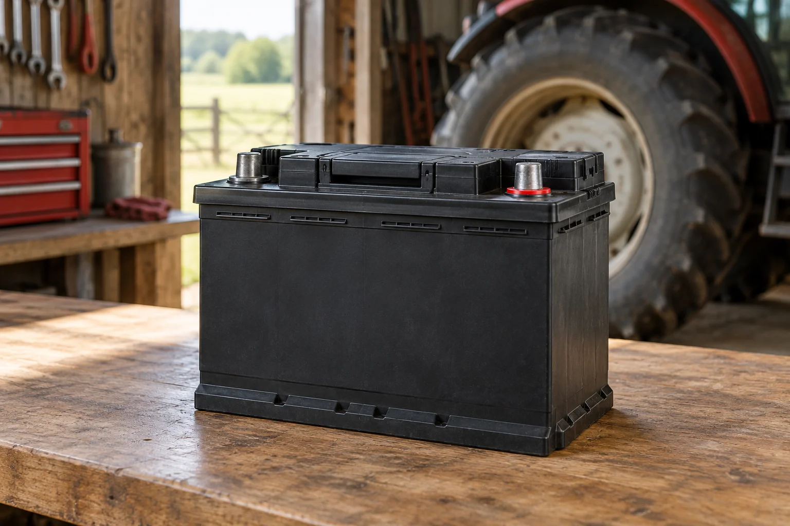 Illustration d’une batterie de tracteur sur un établi.