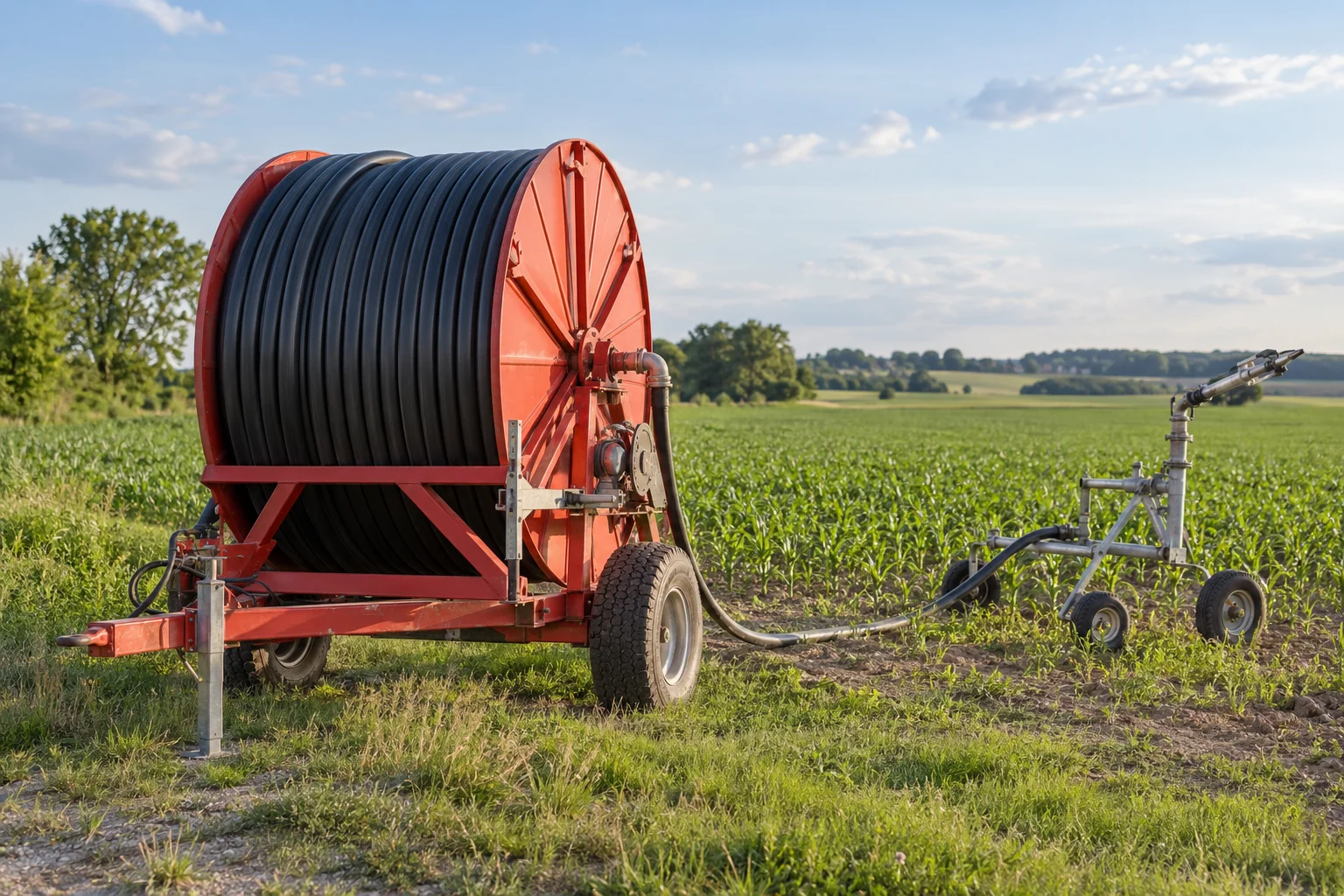 Illustration d’un enrouleur d’irrigation au bord d’une parcelle.